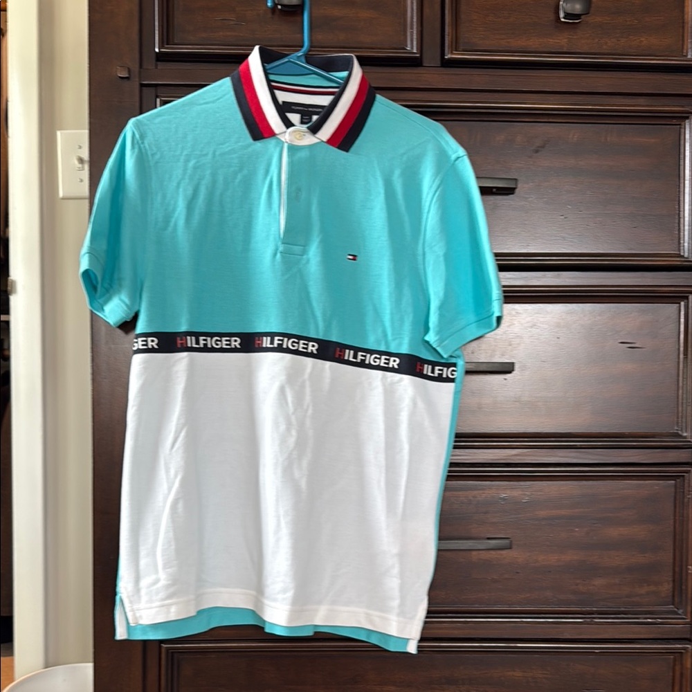 Tommy Hilfiger Men's Aqua and White Polo Shirt